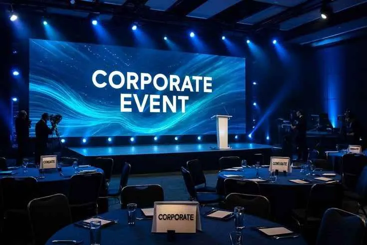 Setup for a corporate seminar in Karachi with a branded stage and LED screen