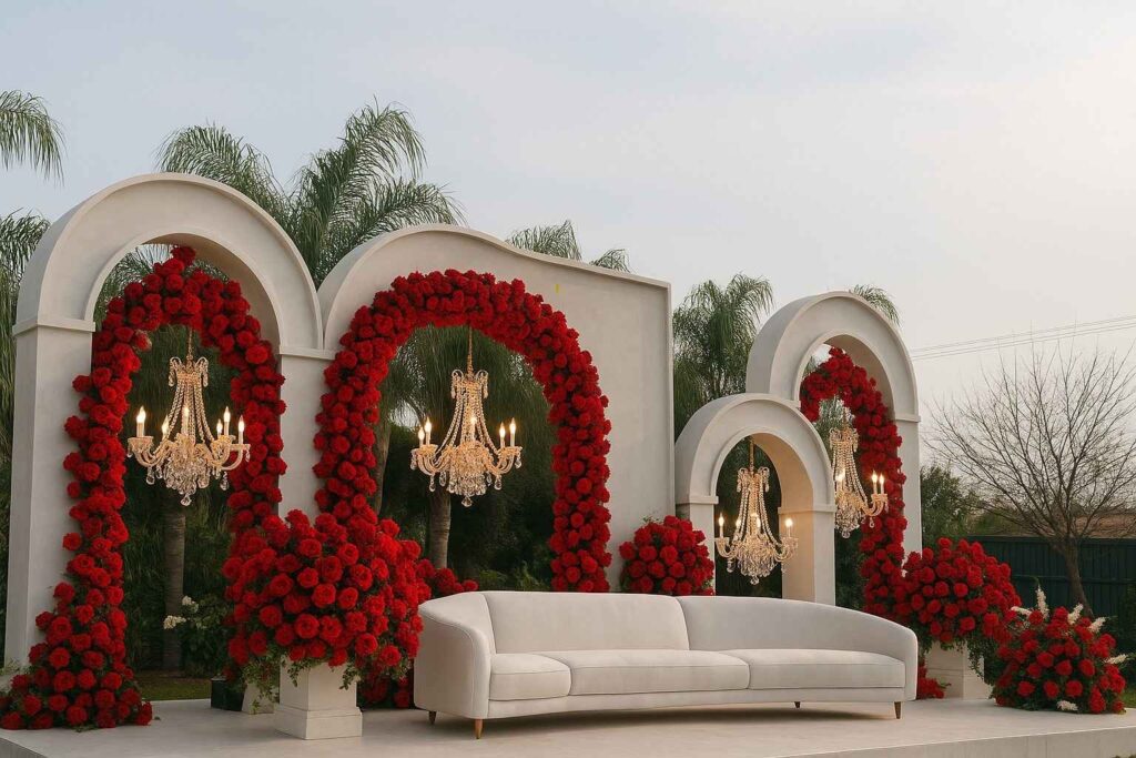 Wedding stage design ideas with elegant floral decoration and lighting