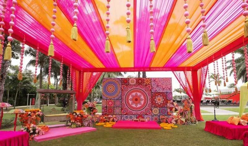 Beautiful Mehndi Sitting Arrangement with Photo Booth